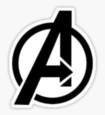 the avengers logo sticker is shown in black and white, with an arrow pointing to it