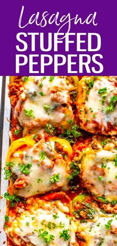 a casserole dish filled with stuffed peppers and cheese