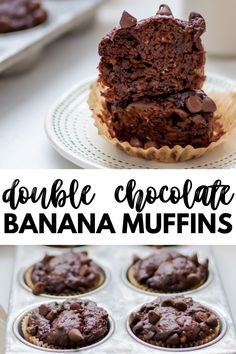 double chocolate banana muffins with text overlay