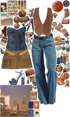 Costal cowgirl aesthetic | costal cowgirl outfit | outfit collage | shooplook | summer | fashion | boho | hippy | festival | outfit ideas | outfit inspo | brown outfit | suede | corset | denim | it girl Cowgirl 70s Outfit, Cowgirl Style Outfits Aesthetic, Cowgirl Fashion Aesthetic, 70s Outfits Denim, Funky Cowgirl Outfits, All Denim Cowgirl Outfit, Indie Cowgirl Outfits, Cowboy Asethic Outfits, Cowgirl Hippie Outfits