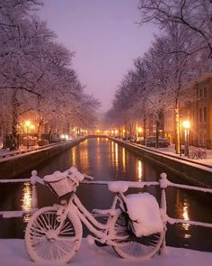 a bicycle parked next to a canal covered in snow