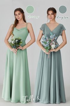 two bridesmaids in green dresses standing next to each other with their hands on their hips