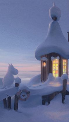 a painting of a house in the snow with a light coming from it's window