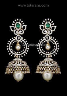 18 Karat Gold '4 in 1' Detachable Diamond Jhumkas - Diamond Dangle Earrings with Color Stones & Pearls
  This product has Inter Changeable Stones in the Earrings 
  Width of the Jhumka : 1.10 inches

   Note: Only front side has Diamonds as shown in the picture, the back part of the Jhumka which is not visible from the front is only Gold without Diamonds    - 235-DER1347 - in 38.450 Grams for USD $6318.07. 
Made in India by Totaram Jewelers Online this product is in Gold - 18 Karat Gold  &am Diamond Jumkas, Diamond Buttalu, Long Diamond Earrings, Diamond Earrings Indian, Diamond Jhumkas, Chand Bali, Wedding Jewelry Sets Bridal Jewellery, Red Coral Earrings, Diamond Pendants Designs