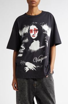 Vaquera utilizes their signature playfulness to reinterpret a masterpiece on this still-recognizable graphic T-shirt. Wholly owned by Comme des Garçons, this brand is part of Dover Street Market Paris, created with the goal of bringing emerging brands to market. 30" length (size Medium) Crewneck Short sleeves 100% cotton Dry clean Made in Turkey Designer Clothing Artistic Oversized Graphic Print T-shirt, Black Top With Graphic Print For Artistic Expression, Black Graphic Print Tops For Artistic Expression, Graphic Tee With Letter Print For Artistic Expression, Oversized Artistic Crew Neck T-shirt, Oversized Artistic Graphic Print T-shirt, Artistic Oversized T-shirt With Graphic Print, Artistic Oversized Graphic Tops, Artistic Oversized Tops With Letter Print