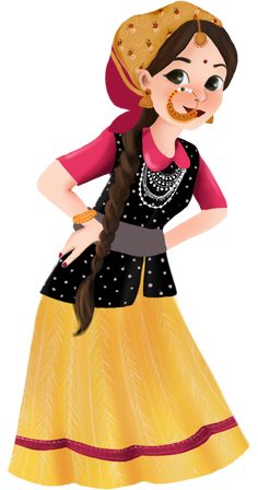 a cartoon girl in a yellow dress with braids on her head and an orange hat