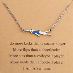 PRICES MAY VARY. ❤Swimmer Lover Necklace❤This swimmer card with design hand engraved -I do more kicks than a soccer player. More flips than a cheerleader. More sets than a volleyball player. More yards than a football player.I Am A Swimmer. ❤Swim Team Jewelry❤This swimming girl necklace represents that the most romantic thing is not to look at the sea, but to swim all over the sea with you! ❤Swimmer Gift❤A perfect gift for swimming lover,wife, girlfriend, daughter, granddaughter ,best friend,on Gifts For Swim Instructors, Swimming Coach Gifts, Swim Coach Gift Ideas, Swimmer Jewelry, Swimming Jewelry, Swimmer Gifts, Swimming Medals