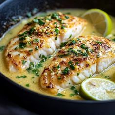 two fish in a yellow sauce with lemon and parsley