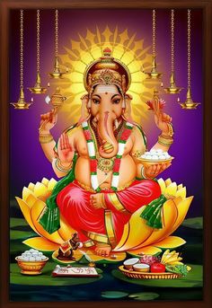 the god ganesha is sitting on top of a lotus with his hands up in front of him