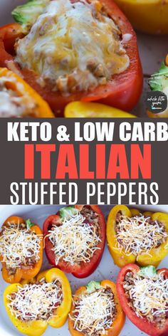 keto and low carb italian stuffed peppers on a white plate with text overlay