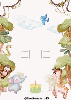 a birthday card with an elephant, giraffe and monkey in the forest next to a cake