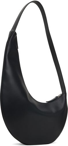 Buffed calfskin shoulder bag in black. · Piping throughout · Fixed shoulder strap · Logo embossed at face · Zip closure · Card slot at interior · Faille lining · H14.5 x W10 · Total height: H18 Supplier color: Black Modern Leather Baguette Bag With Single Shoulder Strap, Evening Crossbody Hobo Bag With Leather Lining, Evening Hobo Crossbody Bag With Leather Lining, Black Baguette Bag With Adjustable Strap For Business, Luxury Business Shoulder Bag With Single Strap, Black Leather Baguette Bag With Single Shoulder Strap, Black Leather Baguette Bag For Business, Black Business Baguette Bag With Removable Pouch, Formal Leather Shoulder Bag With Single Strap