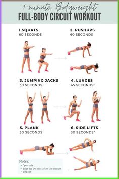 a woman doing the full body circuit workout with her arms and legs in different positions