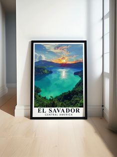 an image of a poster hanging on the wall next to a window that reads el salvador central america