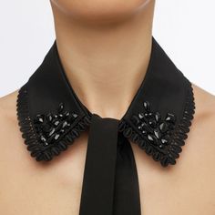 An all-black Alaia collar has been crafted using crêpe de Chine and features black rhinestone embellishments on the sides. Tie it as a bow or let it flow freely - the choice is yours. A collar will brilliantly complement strapless dresses or can be added as an extension of a black blazer. Material content: Black cotton fabricBlack decorative rhinestones Caring instructionsNot washable. Spot clean with a damp cloth Fabric Accessories Fashion, Dicky Collar, Fancy Collar, Neck Pieces Jewelry, False Collar, Collars Diy, Upcycle Clothes Diy, Black Cotton Fabric, Strapless Dresses