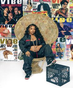 a woman sitting on top of a wicker chair in front of magazine cover covers