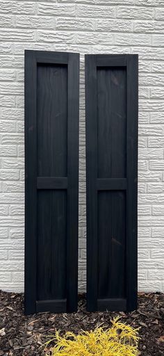 two black doors sitting next to each other on top of a pile of dirt in front of a white brick wall