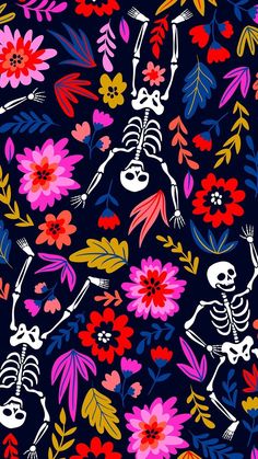 a colorful skeleton and flower pattern on a black background