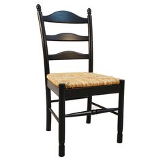 a black chair with a woven seat pad