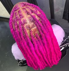 Dreadlocks Dyed Tips, Hot Pink Locs Black Women, Pink And Purple Locs Black Women, Fuschia Locs, Pink Starter Locs, Dye Locs Ideas, Different Color Locs, Pink Microlocs