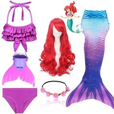 the little mermaid swimsuit is purple and has red hair with pink flowers on it