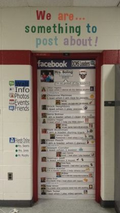 an advertisement on the wall for facebook is posted in front of a door that says, we are something to post about