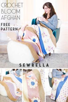 a woman sitting in a chair with a blanket on her lap and the text, free crochet pattern