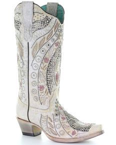 Corral Women's Crystal Floral Embroidery Western Boots - Snip Toe, Ivory, hi-res Womens Cowboy Boots, Shyanne Boots, Boots Silver, White Cowboy Boots, Wedding Boots, Corral Boots, Ariat Boots, Studded Boots, Leather Floral