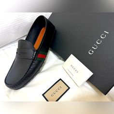 Gucci Moccasins 8.5 Mens In Black. Brand New In Box Never Worn. $625 Shipped. Just For Reference I Wear A Normal 10 With Sperry Top Siders And The Fit On This Is Similar. Gucci Leather Slip-on Shoes, Gucci Luxury Calf Leather Loafers, Gucci Leather Slip-on Shoes With Leather Lining, Luxury Black Loafers With Leather Lining, Luxury Gucci Calf Leather Loafers, Gucci Luxury Leather Dress Shoes, Designer Business Loafers With Leather Lining, Luxury Gucci Leather Dress Shoes, Gucci Luxury Loafers With Leather Lining