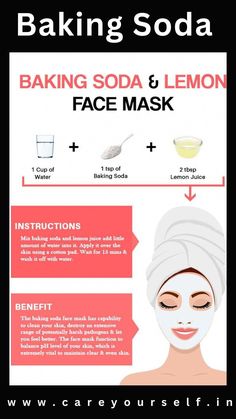 Baking Soda On Face, Face Masks Recipes, Baking Soda Hacks, Honey And Yogurt, Mental Reset, Baking Soda Lemon Juice, Baking Soda Face Scrub, Lemon Face, Bath Diy