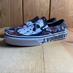 Brand New Without Box Vans Authentic Product Mens Size 8.5 & 9 Black Custom Sneakers With Red Sole For Skateboarding, Vans Skate Shoes With Red Sole For Streetwear, Vans Custom Sneakers For Skateboarding, Casual Halloween Skateboarding Sneakers, Friday The 13th Movie, Low Top Vans, Burgundy Sneakers, Grey Vans, Skater Shoes