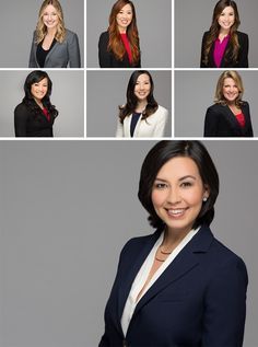 nine portraits of women in business attire smiling at the camera, with different expressions on their faces