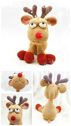 crocheted reindeer stuffed animal with red nose and antlers