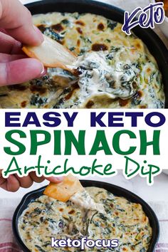 an easy keto spinach artichoke dip in a cast iron skillet