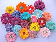 many different colored flowers on a white surface