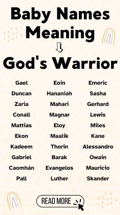 baby names and meaning for god's warrior on a white background with rainbows