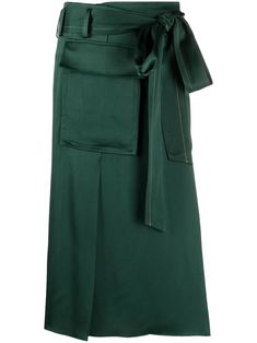 dark green satin finish tied waist front patch pocket belt loops below-knee length Teal Fashion, Victoria Beckham Outfits, Satin Midi Skirt, Pocket Belt, Straight Skirt, Green Satin, Green Skirt, Victoria Beckham, Satin Finish