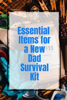 an assortment of items for a new dad survival kit with text overlay that reads essential items for a new dad survival kit