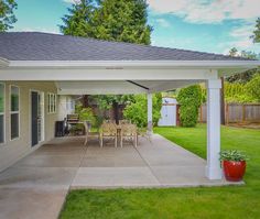 a covered patio with table and chairs in the back yard, next to a house