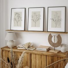 three framed pictures on a wall above a wooden cabinet with books and plants in vases