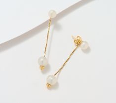 Cue the drama! These elegant earrings combine a simple stud design with a box link chain drop to create a stunning silhouette. From Honora. Stud Design, Drop Box, Freshwater Cultured Pearls, The Drama, Pearl Studs, Chain Earrings, Elegant Earrings, White Ring, Pearl Drop