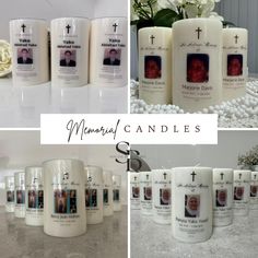 several candles with pictures of people on them and the words memorial candles printed on them