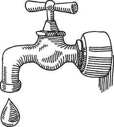 a faucet that is leaking water from it's spout, vintage line drawing or engraving