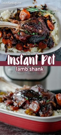 the instant pot lamb shank is served on top of rice and garnished with herbs