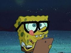 spongebob with glasses holding a clipboard in his hand