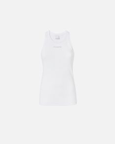 Fitted sleeveless top in a tank top silhouette with scoop neckline at the back in ribbed stretch cotton knit, personalised with a mini PINKO logo in the centre front. White Seamless Crew Neck Tank Top, White Ribbed Scoop Neck Tank Top, White Classic Tank Top, White Fitted Tank Top For Everyday, White Classic Crew Neck Tank Top, White Minimal Stretch Sleeveless Top, White Sleeveless Top With Minimal Stretch, White Ribbed Top With Tank Straps, White Fitted Top With Tank Straps