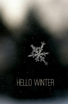 the words hello winter are written in white on a black background with snow flakes