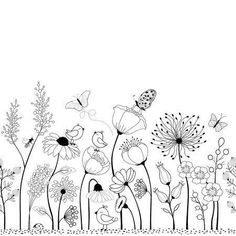 black and white floral background with butterflies