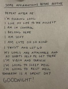 a piece of paper with writing on it that says some affirmations before bedtime