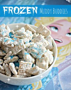 frozen muddy buddies in a bowl with blue and white sprinkles on top